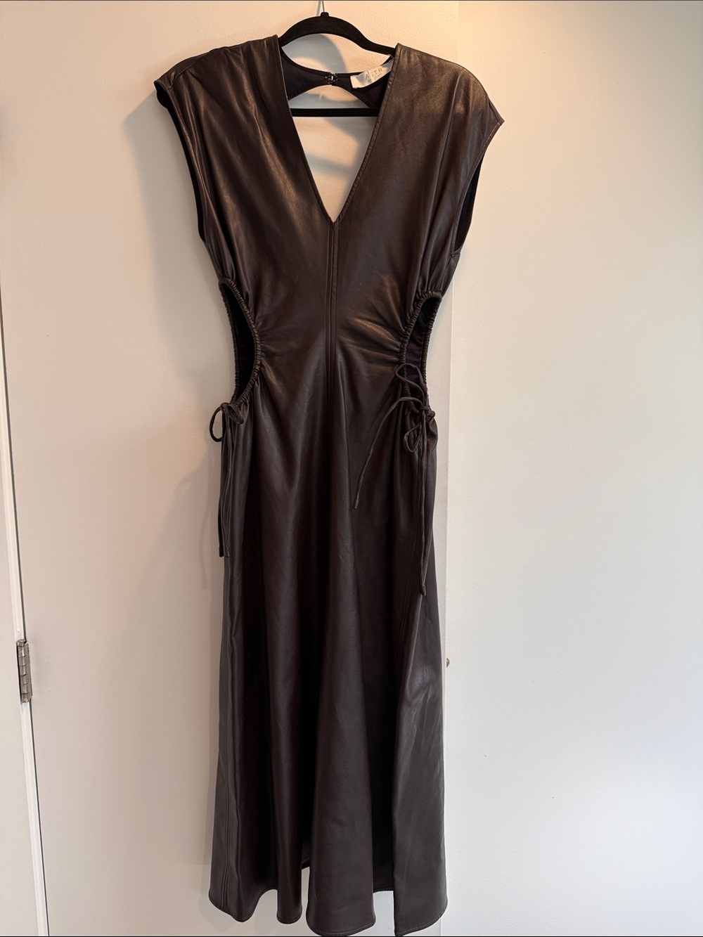Astr Faux Leather Maxi Dress in Brown with Side Lace Details